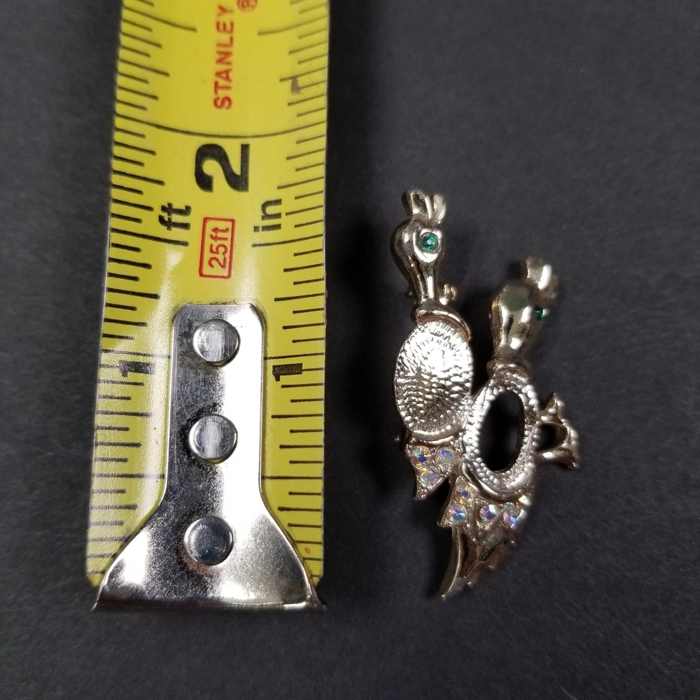 Vintage Gold Tone Double Duck Brooch Green Eye AB Crystal Rhinestone‎ Bird Pin - Picture 5 of 5